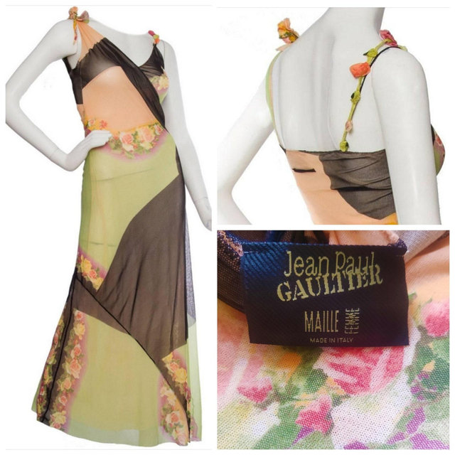 1990s Jean Paul Gaultier Supreme JPG Flower Floral Sheer Vintage Transparent Tattoo Evening Maxi Long Mesh Dress