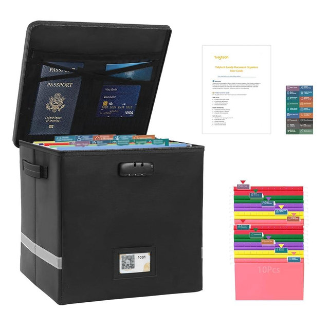 tidytech Medium Next of Kin Box Organizer with Smart Labels, Fireproof Foldable File Organizer with Combination Lock, 10 Hanging Files and 20 Category Labels for Label Documents,(M:13 * 13 * 13in)
