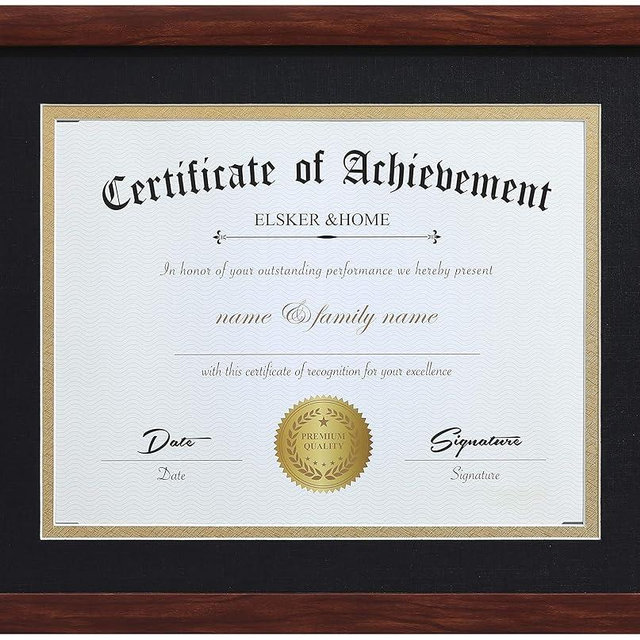 ELSKER&HOME 8.5x11 Certificate Frame - Classic Coffee Color Frame - Displays Diploma 8.5x11 Inch with Mat - 11x14 Inch Without Mat - For Document/Photo(Double Mat - Matte Black with Gold Rim)