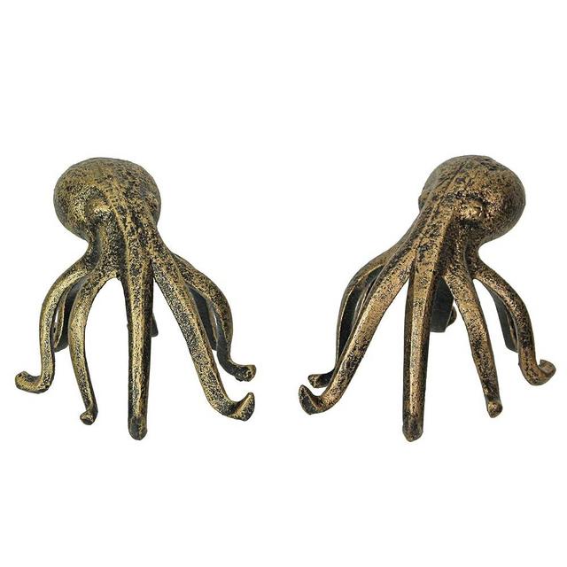 Pair of Antique Gold Cast Iron Octopus Bookends - Nautical or Coastal Decorative Home Decor and Organizational Accent - 6.25 Inches Long - Beach Themed
