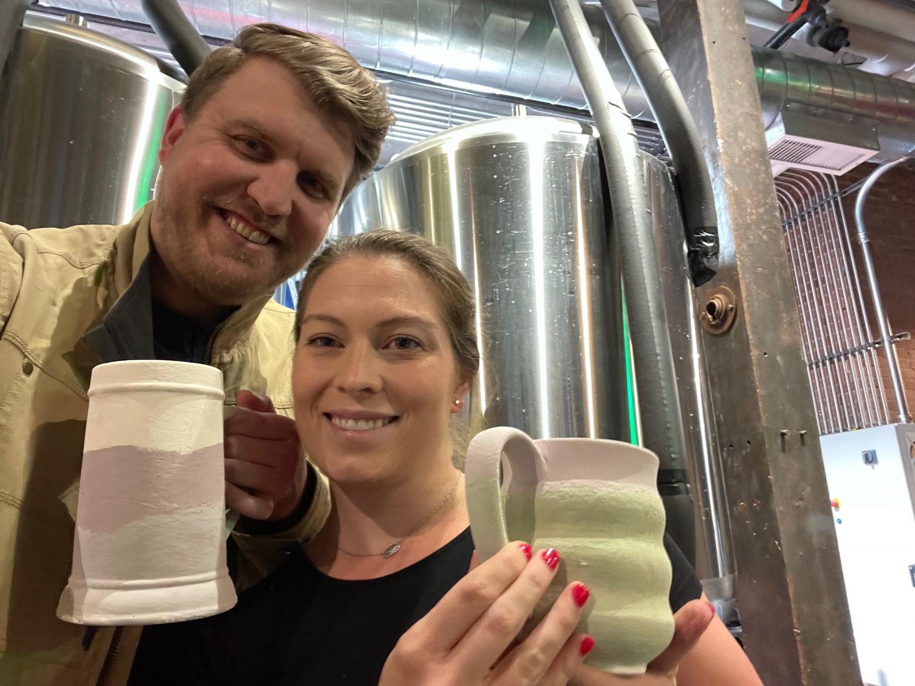 Painting/glazing at the brewery just before our engagement