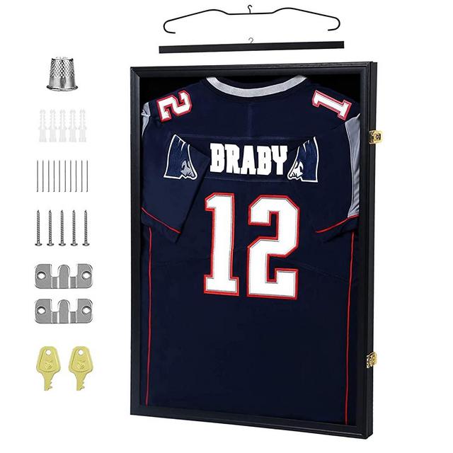 IHEIPYE Jersey Display Frame Case Lockable, Large Sport Jersey Shadow Box with 98% UV Protection Acrylic and Hanger for Baseball Basketball Football Soccer Hockey Sport Shirt and Uniform,Black