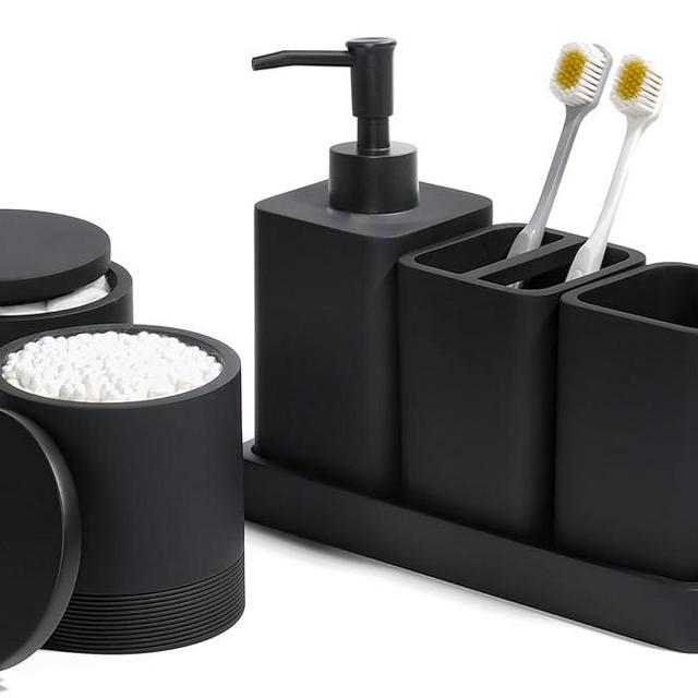YMXYJM Bathroom Accessories Set, 6 Piece Bathroom Set with Toothbrush Holders, Soap Dispenser, Vanity Tray, Tumbler, Cotton Swab Jars, Bathroom Organizer，Bathroom Sink Sets, Matte Black