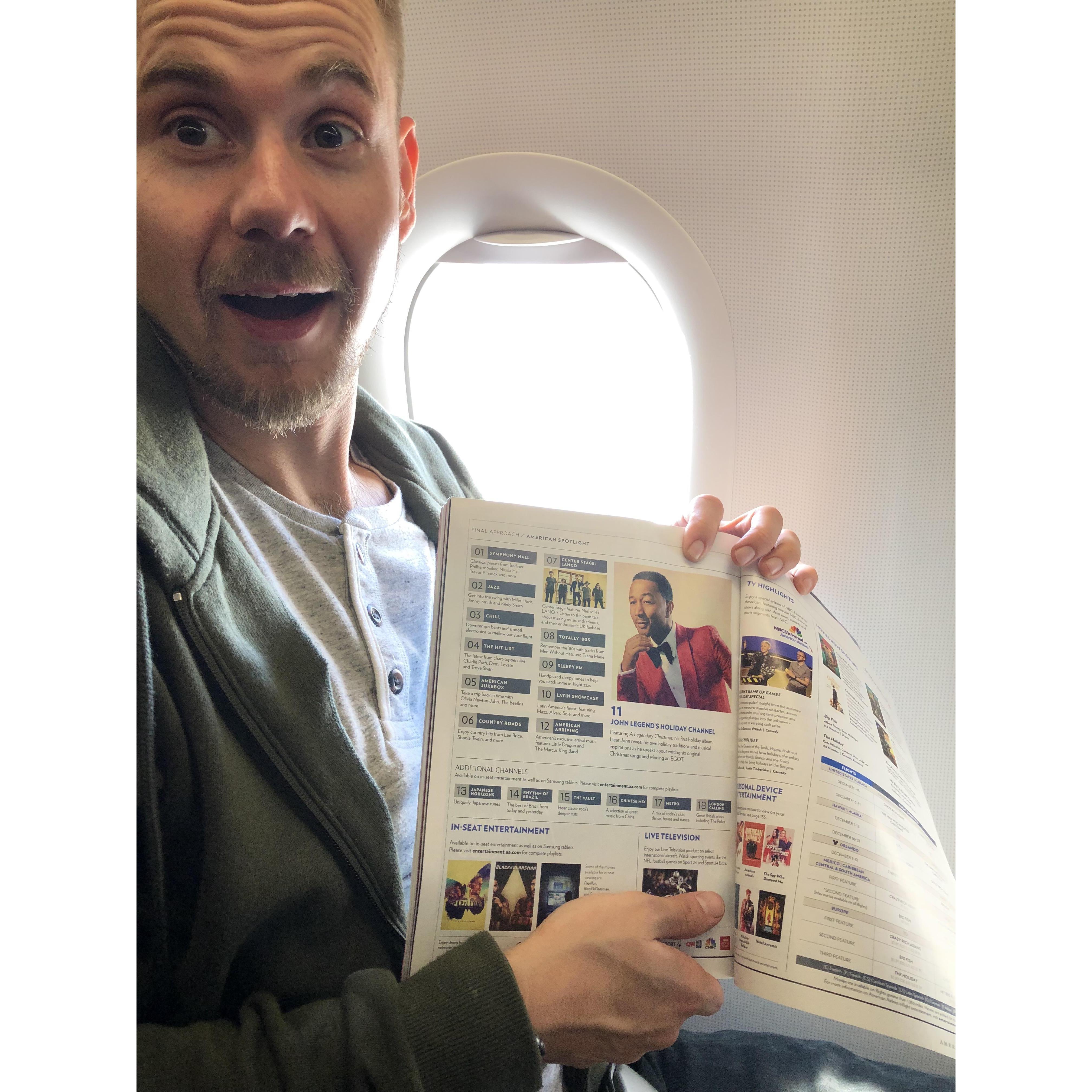 Flying to Austin for Christmas 2018, Skyler finding the John Legend channel he worked on featured in the airplane's magazine.