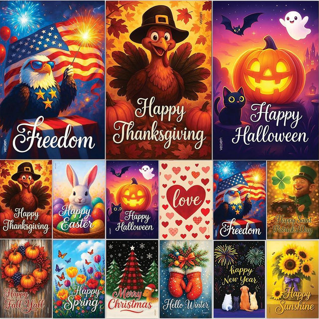 Premium 12 Pack Seasonal Garden Flags Set 12x18 Inch Double Sided, Burlap Outdoor Yard Flags for Spring, Summer, Fall, Winter, Easter, Mother’s Day, Valentine’s, St. Patrick’s, 4th of July, Halloween, Thanksgiving, Christmas