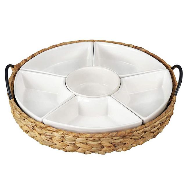 RANDEFURN Ceramic Serving Tray with 6 Removable Dishes, Porcelain Divided Serving Platter 15.5 x 15.5 inches, Portable Handle cattail Relish Tray,Serving Tray Set,Perfect for or Chips and Dip,Nature