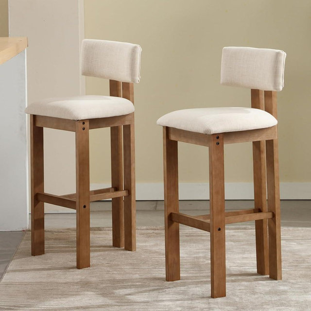 chairus Farmhouse Bar Stools Set of 2 Modern 30” Counter Height Bar Stools with Pad Back Upholstered Wood Legs, Beige