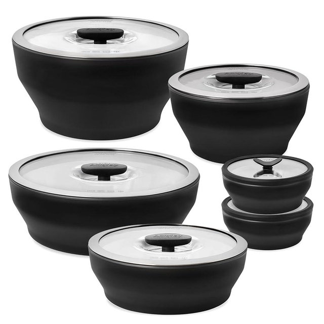 Anyday Onyx Collection 12-Piece Glass Food Storage with Glass Lids | Microwave Cookware Set & Plastic-Free Meal Prep | Stackable Airtight Storage Containers & Microwave Steamer with Vented Lid