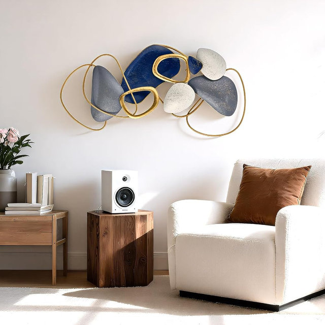 SHERBECK 3D Metal Wall Art Decor Blue Pebble Wall Sculptures Hanging Ornament Modern Abstract for Bedroom Living Room Sofa Background Home Office Kitchen Gold 41.3" L × 19.7" W