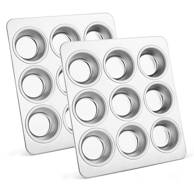 Muffin Pan Cupcake Baking Pan Set of 2, P&P CHEF 9 Cups Mini Muffin Tin Tray, Stainless Steel Muffin Pans for Baking Cake Muffin Tart Quiche, Oven & Dishwasher Safe, Heavy-duty & Durable