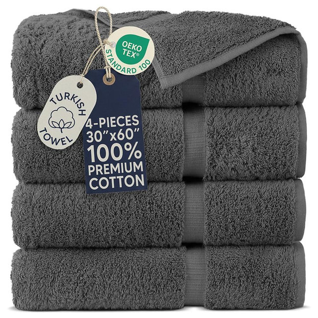 Towel Bazaar 4-Piece Extra Large Bath Towel Set, 100% Premium Cotton Turkish Towels, 30x60 Luxury Towel Super Soft and Absorbent, Perfect Use for Bathroom, Shower Towels - Dark Gray