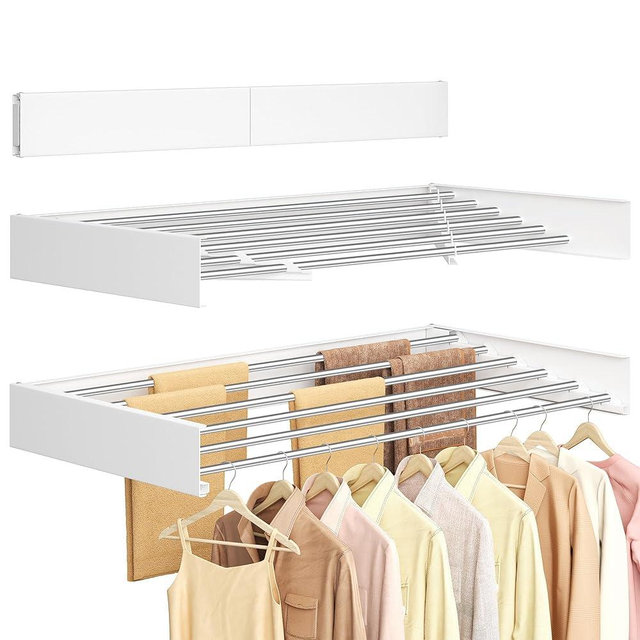 SONGMICS Wall Mounted Drying Rack, Clothes Drying Rack Foldable, 39.4 Inches Wide Laundry Clothes Airer with Wall Template, 6 Fold-Out Aluminum Alloy Bars, Indoor, Matte White ULLR810WE01