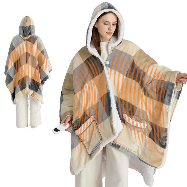Bedsure Heated Blanket Wearable Shawl - Electric Wrap Poncho Blanket Hoodie Adult as Winter Gifts for Mom Women Girlfriend, Warm Sherpa Heating Throw, Auto Shut Off, 50x64 inches, Beige Plaid Pattern
