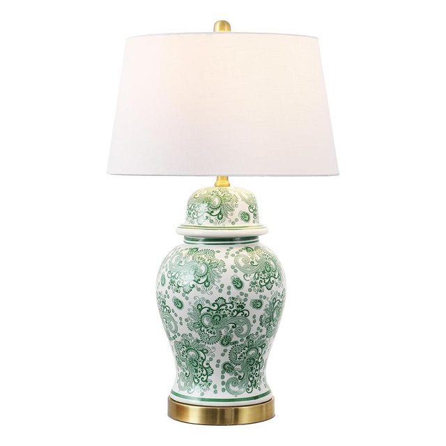 JONATHAN Y 29.5" Green/White Ceramic Table Lamp for Living Room and Office, White Linen Drum Shade, Traditional Chinoiserie Ginger Jar Lamp, LED Bulb Included (JYL3008D)