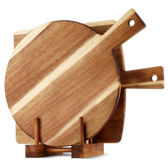 2 Pack Acacia Wood Cutting Board with Stand, Charcuterie Boards for Kitchen, Round & Rectangular Wooden Cutting Board Set for Cheese, Meat, Pizza, Vegetables, Bread