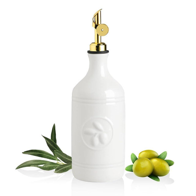 Sweejar 16 Oz Ceramic Olive Oil Dispenser Bottle, Oil Dispenser for Kitchen with Gravity Spout, Relief Opaque Oil Container for Evoo, Avocado Oil, Vinegar, Soy Sauce, 1 Pack(White, Gold Spout)