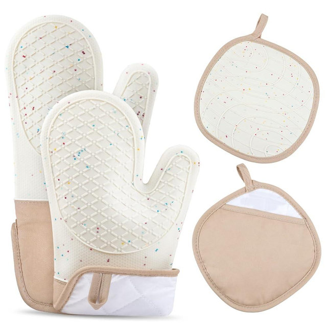 Cverny Oven Mitts, 4PCS Oven Mitts and Pot Holders Sets, Silicone Oven Mitt Heat Resistant 446°F, Non-Slip Thick Pot Holders and Rubber Ove Gloves for Women Men Kitchen Cooking Baking Grilling
