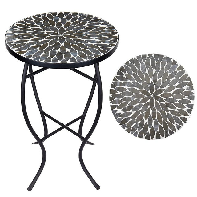 Vipush Outdoor Side Table Mosaic Accent Table End Table Plant Stand for Patio Garden Backyard Balcony Porch,14'' Round Mosaic Table Top with Black Iron,Grey