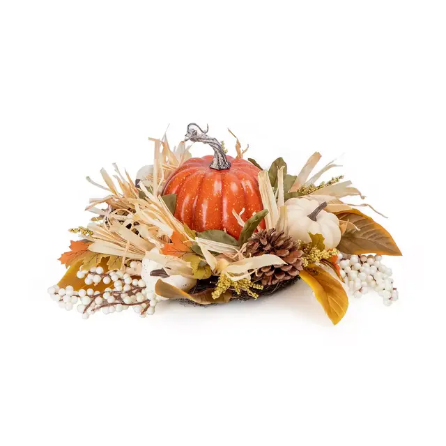Faux Floral and Fall Pumpkin 15.75-Inch Table Centerpiece in Dark Orange