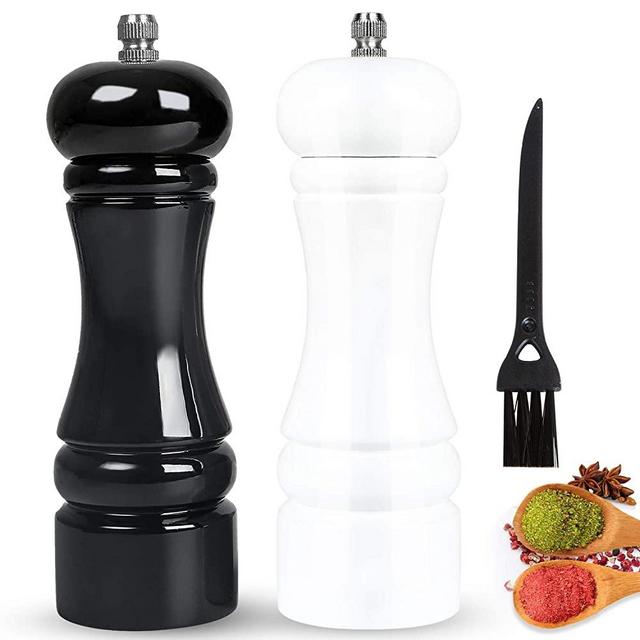 MAGIC CONCH Wooden Salt andPepper Grinders Set, Pepper Mill with Cleaning Brush, Manual Ceramic Core Grinders Adjustable Coarseness,Classic Black and White Salt grinder and Pepper Mill-(6.5" x 2)