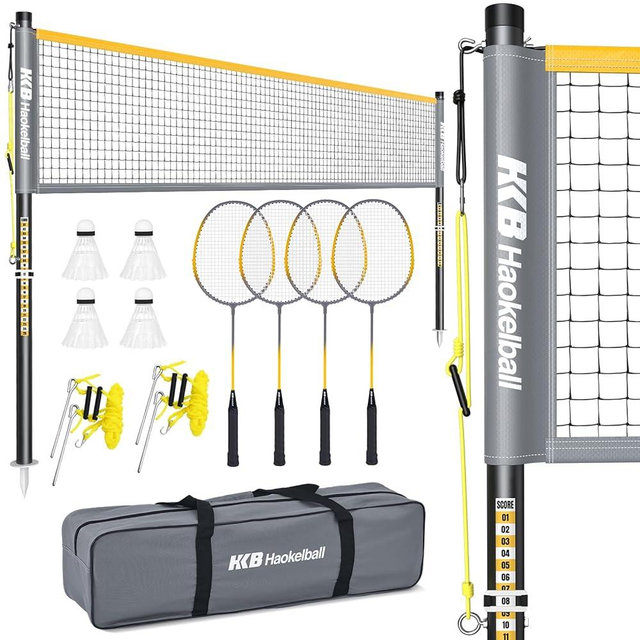 Haokelball Outdoor Badminton Net Set with Anti-Sag Winch System - 20ft Badminton Net, 4 Rackets, 3 Shuttlecocks & Carry Bag, Badminton Set for Backyard, Grass, Beach, Holiday Games