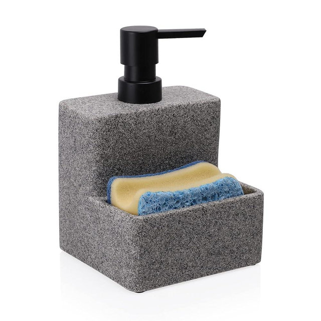 zccz Soap Dispenser with Sponge Holder, Liquid Hand and Dish Soap Dispenser Pump Bottle and Sponge Holder 2 in 1 for Kitchen Sink Bathroom Counter Storage and Organization Black Marble Look
