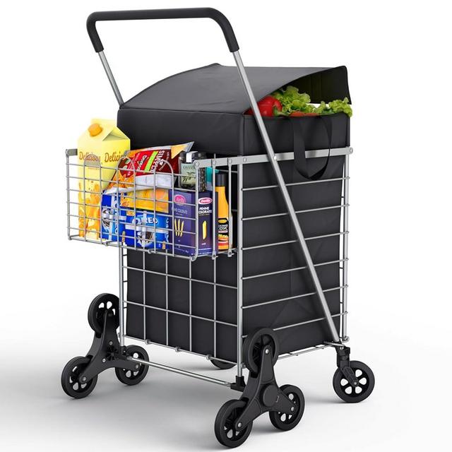 Our Modern Space Stairs Climbing Shopping Cart w/Waterproof Basket Liner & 360° Swivel Wheels | Foldable Collapsible & Lightweight | Perfect for Groceries Laundry Utility Cart - Silver