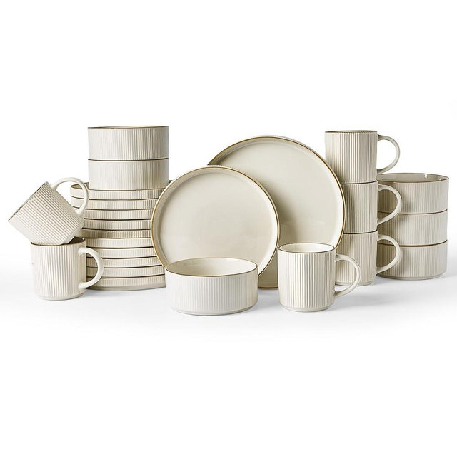 Famiware Star Dinnerware Set with Mugs, Service for 6 (24 Pieces), Ribbed Stoneware Plates and Bowls Dishes Sets with Trim - Chip & Scratch Resistant, Microwave & Dishwasher Safe, White