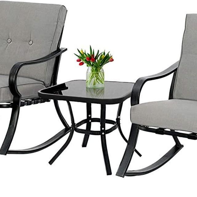 Incbruce 3 Piece Outdoor Rocking Chair Black Steel Patio Bistro Sets, Wrought Iron Patio Rocking Chairs Set of 2 with Glass-Top Table (Gray Thickened Cushion)