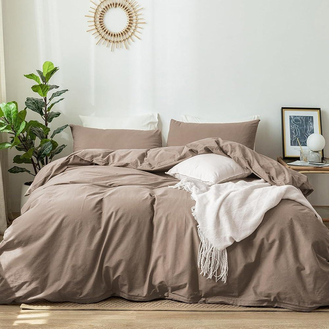 MooMee Bedding Duvet Cover Set 100% Washed Cotton Linen Like Textured Breathable Durable Soft Comfy (Brown, Super Queen)