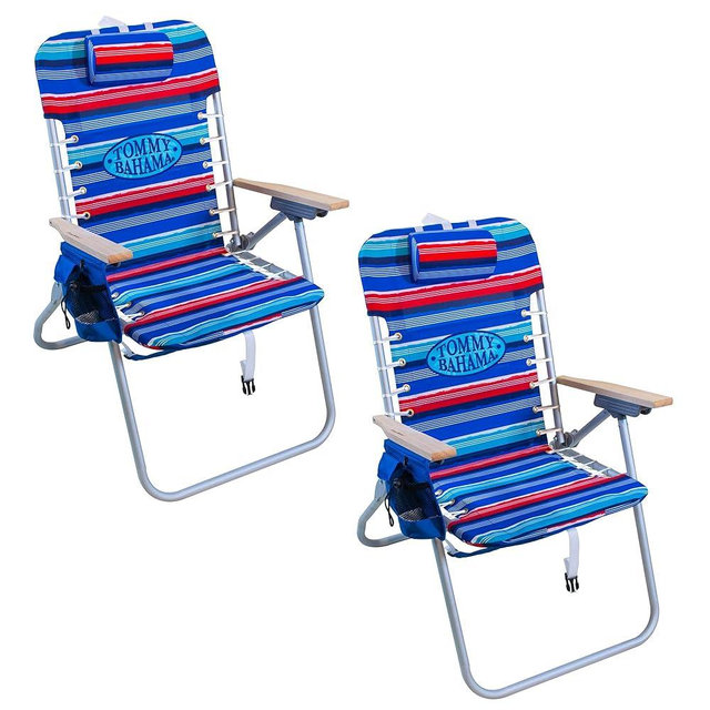 Tommy Bahama Hi-Boy 17" Seat Height 4-Position Lace-Up Suspension Folding Beach Backpack Chair, 2-Pack, Stripe