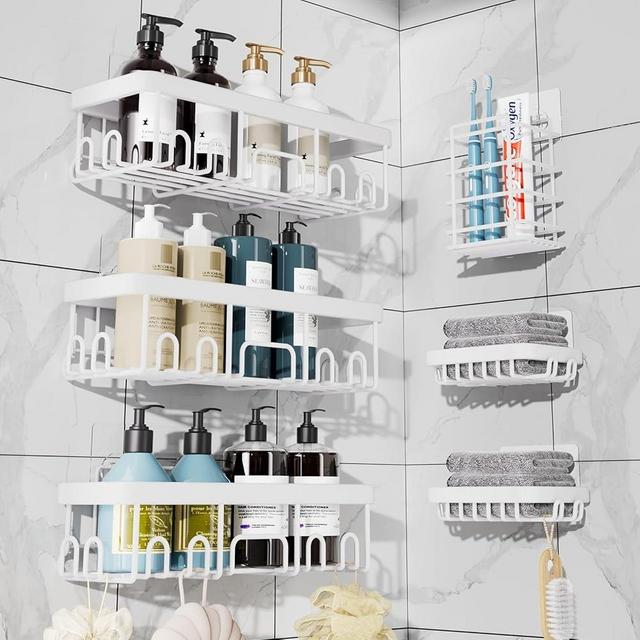 Veken Shower Caddy 6 Pack,Adhesive Bathroom Shower Organizer for Bathroom Storage&Home Decor&Kitchen,No Drilling,Large Capacity, Rustproof Stainless Steel Shower Shelves Rack for Inside Shower, White