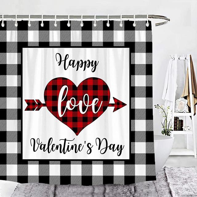 Wencal Buffalo Check Plaid Happy Valentine’s Day Shower Curtain Love Heart Arrow Farmhouse Bathroom Decor with Hooks 72 x 72 Inches