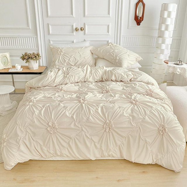 Rvciby Girls Beige Flower Duvet Cover King Size,3PCS Soft Microfiber Bedding Set,Boho Textured Geometric Pattern Duvet Cover with Corner Ties & Zipper Closure (104"x90"-1 Duvet Cover,2 Pillow Cases)