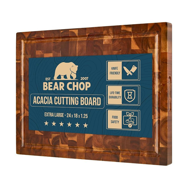 Bearchop Acacia Wood Cutting Boards for Kitchen, [24"x18"x1.25"] Large End Grain Cutting Boards, Solid Wood Butcher Block Cutting Board with Juice Grooves and Handle, Knife Friendly, Reversible