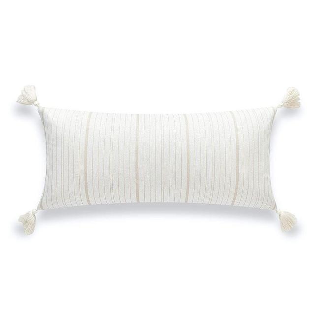 Hofdeco Beach Indoor Outdoor Long Lumbar Pillow Cover ONLY for Bed, Backyard, Couch, Sofa Camel Sand Missi Stripe Tassel, 12"x26"