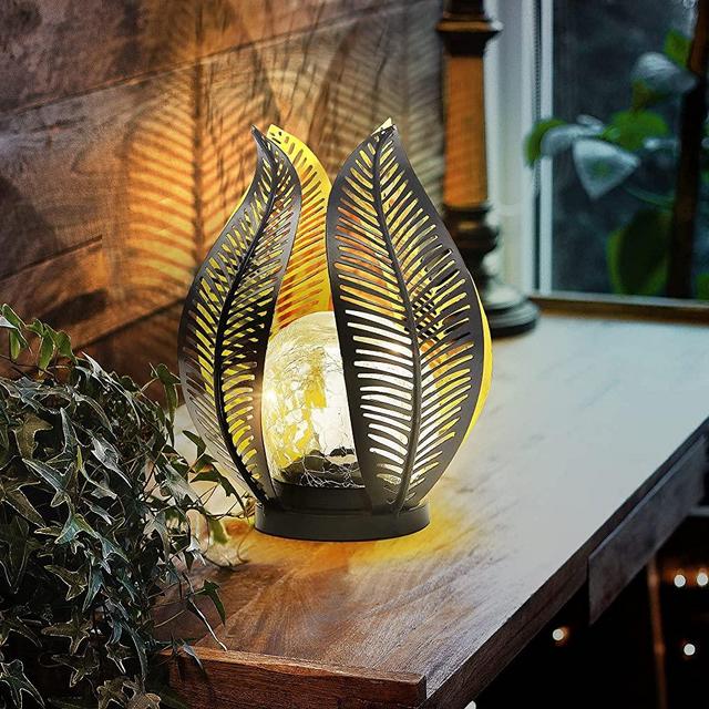 Solar Lights Outdoor Decorative Garden Decor,Crackle Globe Glass,Waterproof Metal Palm Leaf Flower Solar Lights for Patio,Lawn,Walkway,Tabletop.Outdoor Table lamp