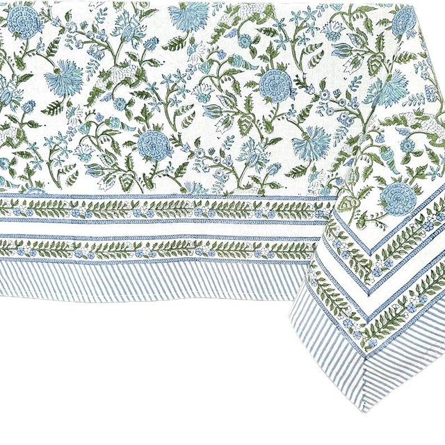 ATOSII Mahoka Blue 100% Cotton Fall Tablecloth, Handblock Floral Linen Table Cloth for Kitchen Dining Table I Parties Weddings Outdoors Easter Valentine's Gift I 60 X 90 Inches I 6 Seater