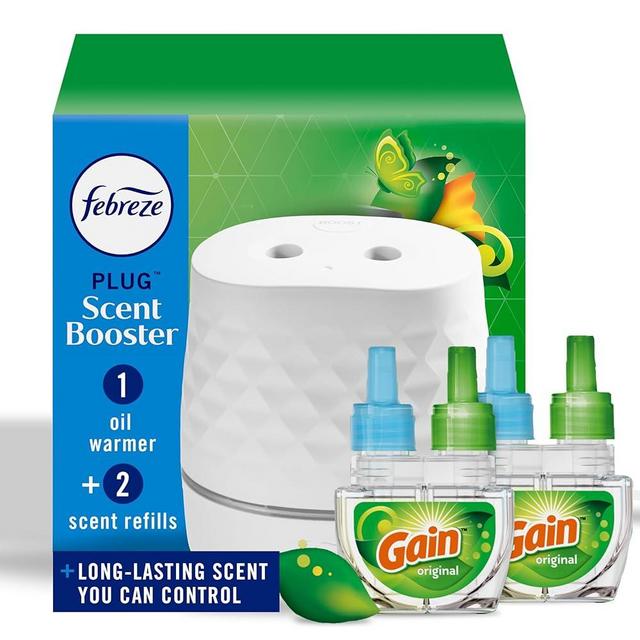 Febreze PLUG Scent Booster Starter Kit, Oil Diffuser, Air Freshener Plug In, Continuous Scent Device + 2 Gain Original Refills