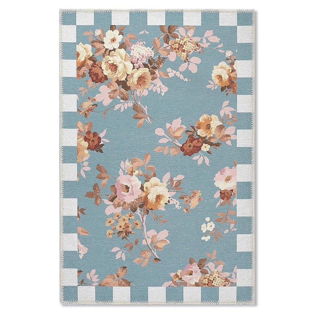 MACKENZIE-CHILDS Washable Rug, Decorative Indoor Rug for Living Room and Kitchen, 2' x 3', Wild Rose Slate