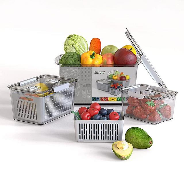 Refrigerator Organizer Bins with Lids -Set of 3 - SILIVO Fruit Storage Containers for Fridge with Removable Drain, Stackable Produce Saver Containers Keep Fresh for Vegetables, Lettuces, Celery, Berry