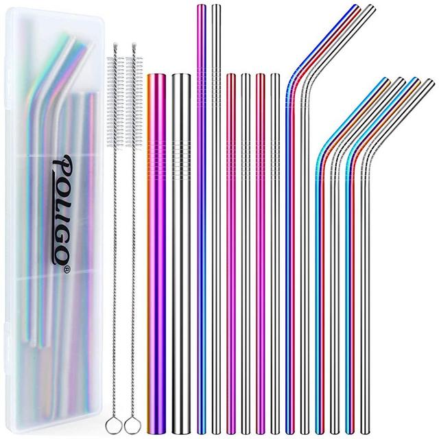 POLIGO 16pcs Reusable Stainless Steel Straws, Colorful Rainbow Drinking Straws, Iridescent Metal Straws with Portable Case and Cleaning Brushes for 20, 30 Oz Yeti Tumbler, Smoothies and Bubble Tea