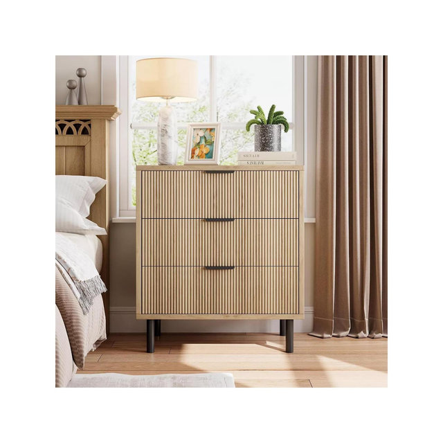 28" Wave Fluted 3-Drawer Dresser - Anti-Tip Safety, Tall Storage Chest w/Metal Legs for Bedroom & Entryway