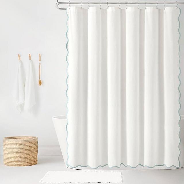Lush Decor Coastal Chic Scallop Edge Linen Textured Shower Curtain Blue/White Single 72x72 - Elegant Affordable Luxury Chic Charm for Bathroom Decor