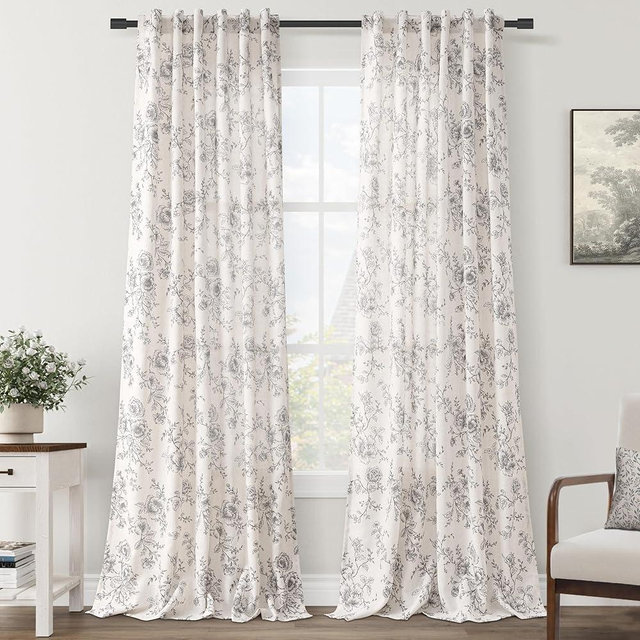 Meikelor Printed Linen Curtains 90 Inch Length 2 Panels Set - Rustic Farmhouse Black Floral Cotton Textured Vintage Flower Leaf Pattern Print on Beige Light Filtering Living Room 90 Inches Long