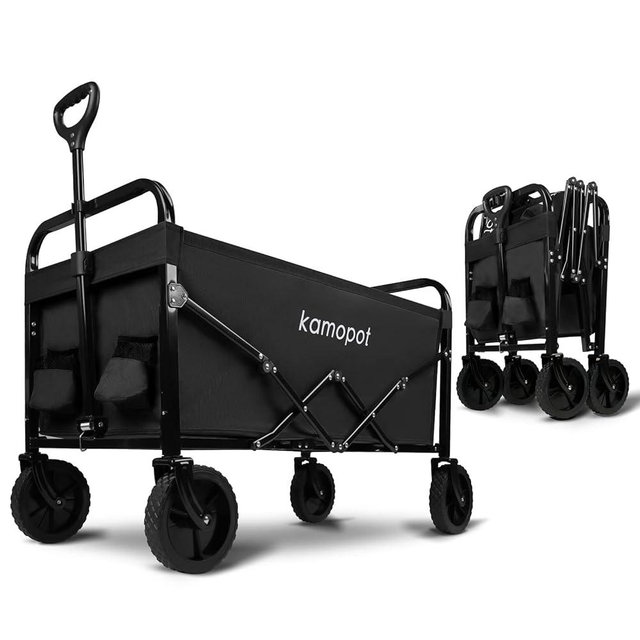 Kamopot Collapsible Wagon Cart, Folding Wagon for Grocery,Utility Wagon for Beach, Yard, Outdoor. 220lb Heavy Duty Foldable, with Cupholders & DIY Wheels (Black)