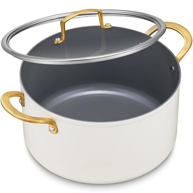 BEZIA 10 Quart Cooking Pot with Ceramic Coating, Non-Stick Stock Pot with Tempered Glass Lid, Large Soup Pot with Stainless Steel Handle, Induction Compatible Stockpot, Dishwasher Safe, Cream