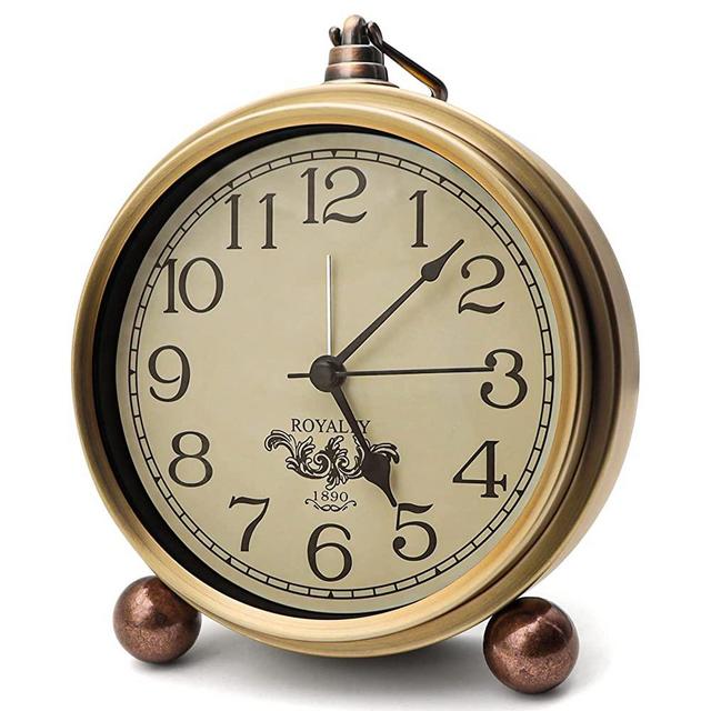 Maxspace Metal Golden Table Clock, Retro Vintage Non-Ticking Small Alarm Clock,Battery Operated Silent Quartz Movement HD Glass Desk Clock for Bedroom Living Room Indoor Decoration Kids (Arabic)…