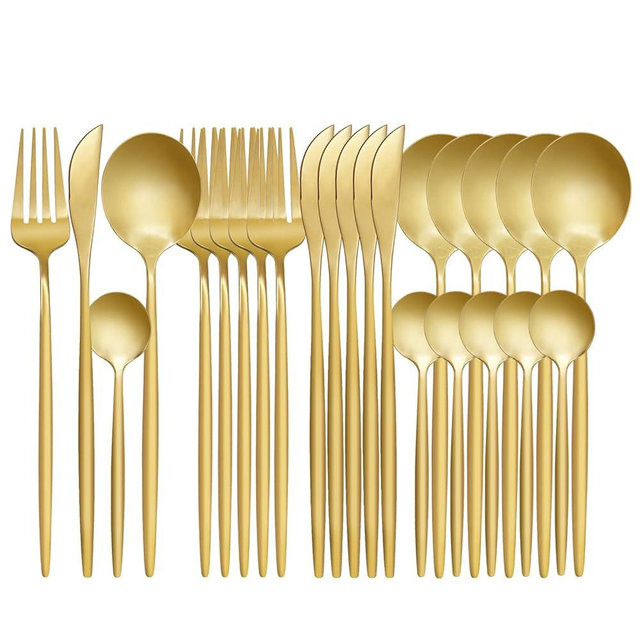 LYFJXX 24-Piece Flatware Set, Stainless Steel Knife Fork Spoon, Home Dinnerware Tableware Set for 6, Cutlery Set, Include Knives/Forks/Spoons Gold