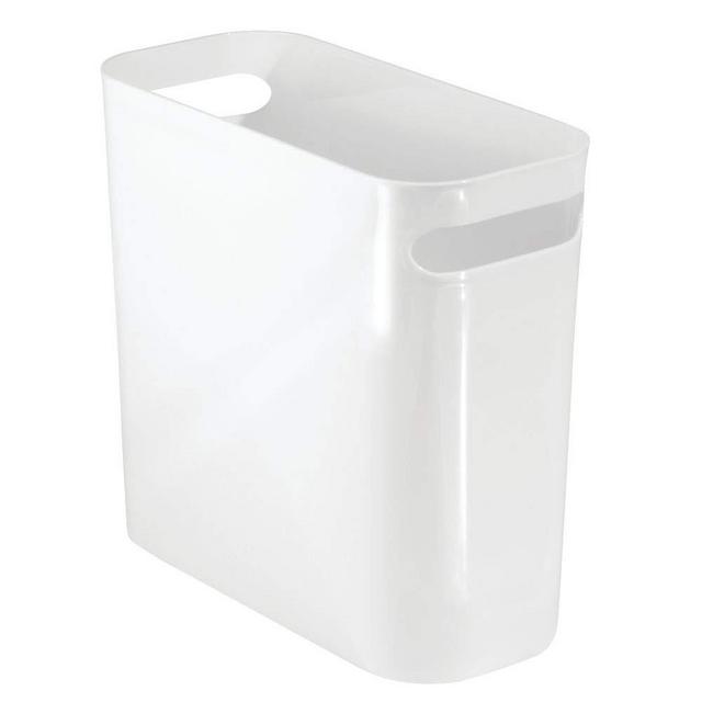 mDesign Slim Plastic Rectangular Small Trash Can Wastebasket, Garbage Container Bin with Handles for Bathroom, Kitchen, Home Office, Dorm, Kids Room - 10" High, Shatter-Resistant - White